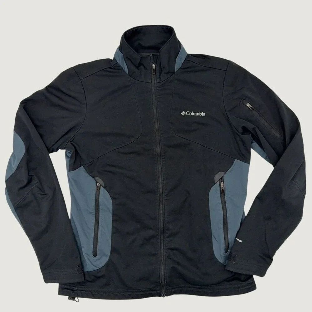 Columbia Softshell Jacket‎ M Omni-Wind Block Full Zip Outdoor Hiking Black Blue